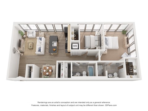 Floor plan for 2 beds, 2 baths, 991 sqft